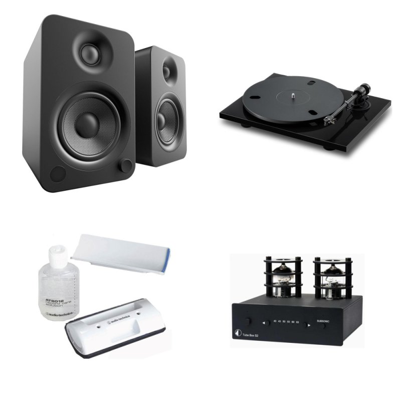 Pro-Ject E1.2 & Tube Box S2 Vinyl Turntable Stereo System Bundle with Kanto YU4 Powered Speakers and Audio-Technica Cleaning Kit GLOSS BLACK/MATTE BLA