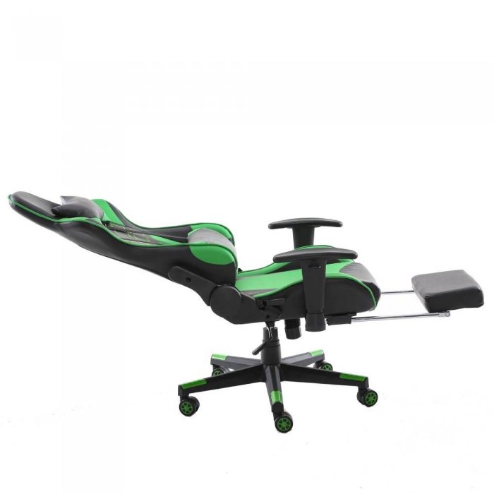 Home Touch WARLOCK Gaming Chair w PUC Fabric, Foot Rest & Lumbar Support BLACK/GREEN - Click Image to Close