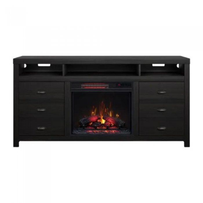 Bell'O WILDERB TV Stand With Classic Flame Electric Fireplace BLACK - Click Image to Close