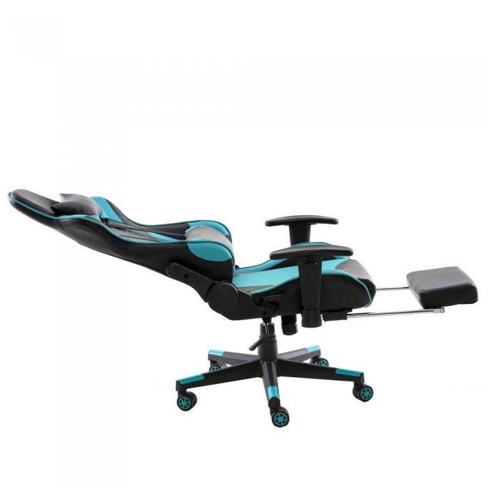 Home Touch WARLOCK Gaming Chair w PUC Fabric, Foot Rest & Lumbar Support BLACK/AQUA - Click Image to Close