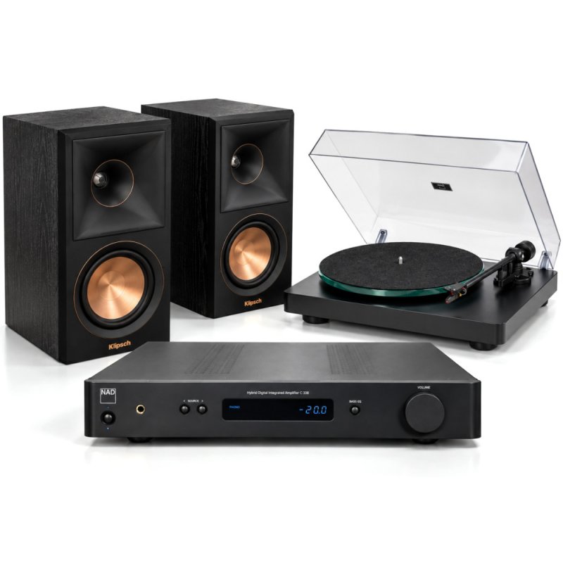 NAD C 338 & C 558 with Klipsch RP600MB II Stereo Amplifier Turntable Speaker System Bundle BLACK