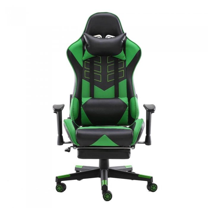 Home Touch WARLOCK Gaming Chair w PUC Fabric, Foot Rest & Lumbar Support BLACK/GREEN - Click Image to Close