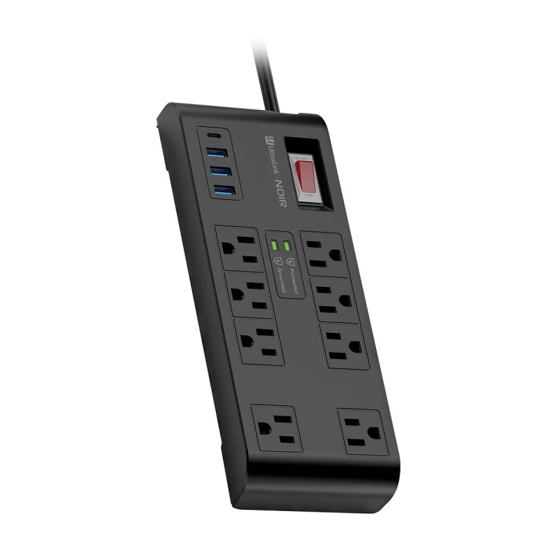 Ultralink ULN800XR1 Noir Surge Protector 8 Outlets with 3 USB-A and USB-C 20W