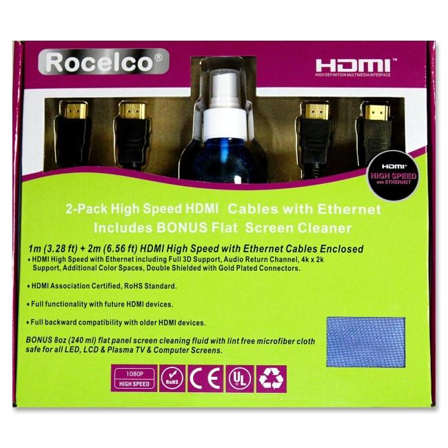 Rocelco HDMI 10.2GB/sec (2M & 3M) plus Screen Cleaning (240ml) w Micro-Fiber Cloth KIT - Click Image to Close