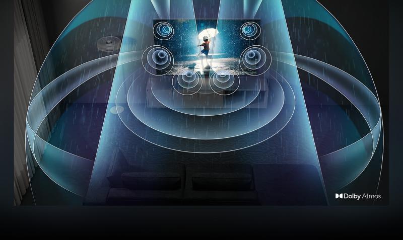 The sound of raindrops fill the entire room as Dolby Atmos speakers send out sound.