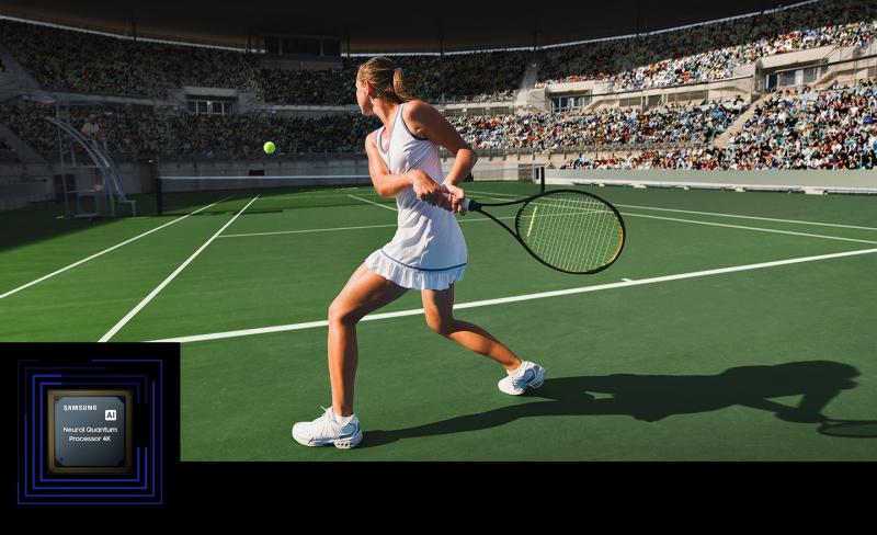 Various elements of the tennis match including tennis ball, tennis court sidelines, tennis racket and audience are highlighted on screen. It shows the Samsung AI Neural Quantum Processor 4K's ability to improve quality in real-time.