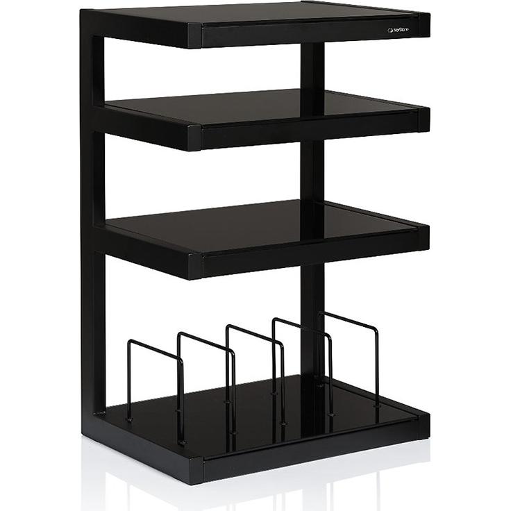 NorStone ESSE Hi-Fi Vinyl 4-Shelf Audio Rack with Vinyl Storage and Black Glass Shelves SATIN BLACK